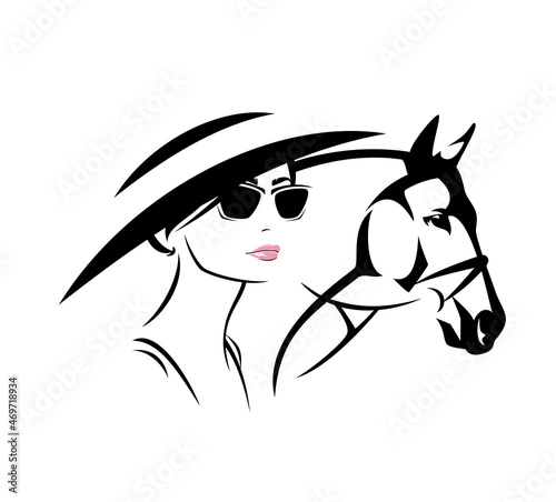 elegant woman  at hippodrome wearing wide brimmed ascot hat and sunglasses and race horse head outline - glamour and beauty vector portrait photo