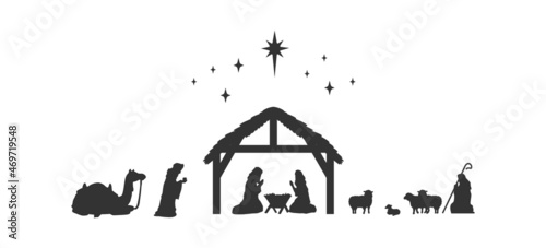 Biblical Сhristmas story. Baby Jesus in the manger with Mary and Joseph. Holy Family in stable. Silhouette vector illustration