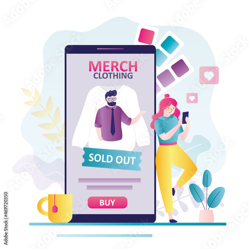 Woman chooses clothes in online store. E-shop offers different colors of merch. E-commerce, merchandising