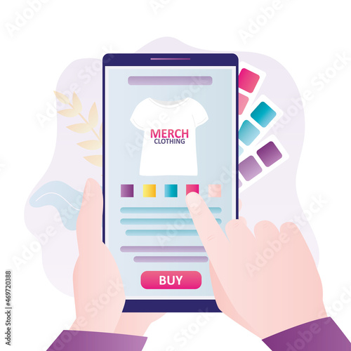 Buyer selects merch on shop website. Online store offers merchandising in different colors