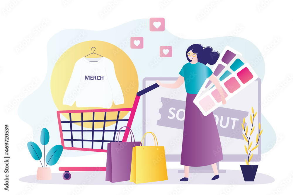 Woman rolls shopping cart with purchases. Female character buys merch in online store Woman rolls shopping cart with purchases. Female character buys merch in online store