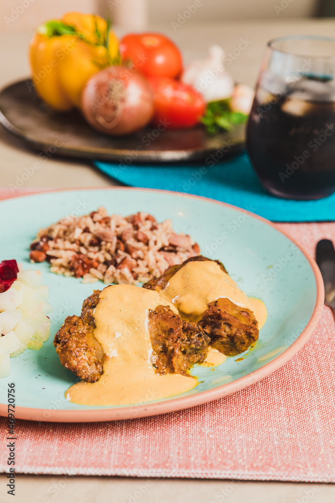 Delicious Homemade Classic Food Brazilian Dish Plate Menu Lunch Breakfast Rice Beans Pasta Sausage Shrimp on the Table