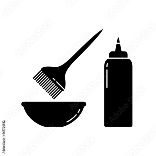Hair dye silhouette icon. Black simple vector of brush, bowl, bottle. Contour isolated pictogram on white background