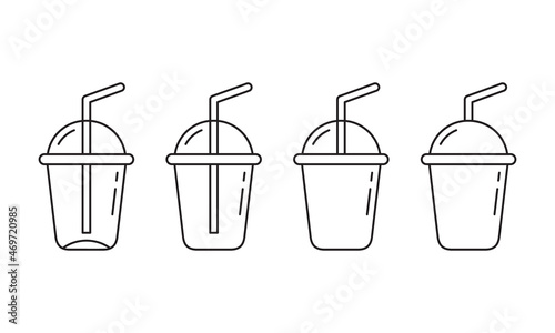 Plastic cup with round lid and straw. Linear icons set. Outline simple vector of clear glass for drinks, smoothie or juice. Contour isolated pictogram on white background