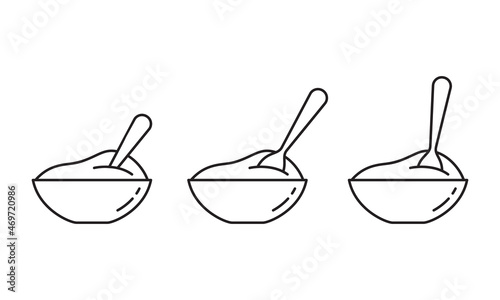 Bowl of puree food and stuck spoon, linear icons set. Outline simple vector of porridge, cereal, mash, sour cream or yogurt. Contour isolated pictogram on white background
