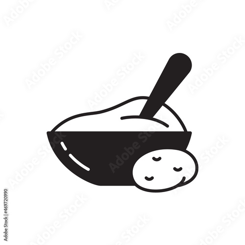 Bowl of mashed potatoes with stuck spoon, silhouette icon. Black simple vector of puree food. Contour isolated pictogram on white background