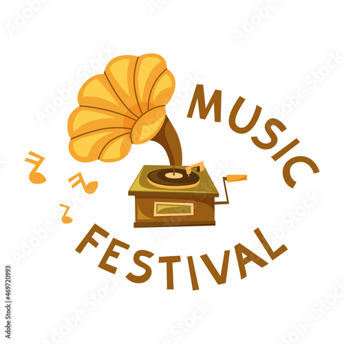 Music Festival hand drawn illustration. Retro gramophone with lettering and notes on white background for poster, print, card. Flat vector image