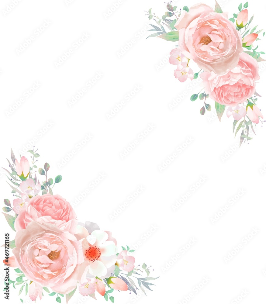 優しい色使いのピンク系のバラの花とリーフの招待状フレームベクターイラスト素材
