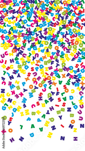 Falling letters of English language. Colorful flying words of Latin alphabet. Foreign languages study concept. Rare back to school banner on white background.
