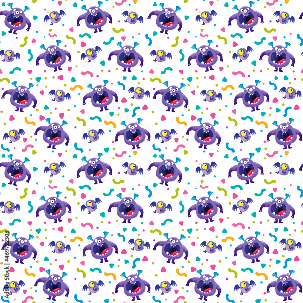 Fototapeta premium Purple monsters and confetti, seamless pattern on a white background. The alien's birthday. Cheerful childrens multicolored illustrations in cartoon style, hand drawing