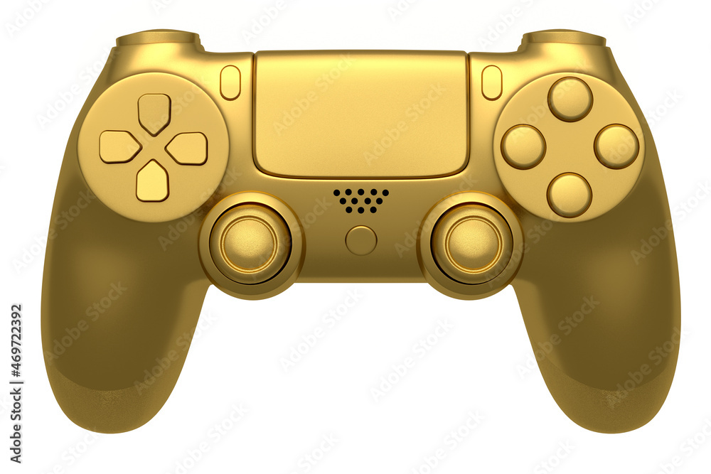 Realistic gold video game joystick on white background. Concept of winner awards