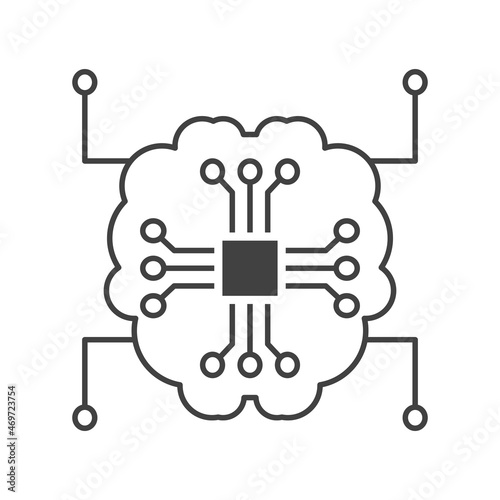 Human brain connected with a computer CPU chip circuit. AI or Artificial Intelligence concept. Outline thin line icon. Isolated. 