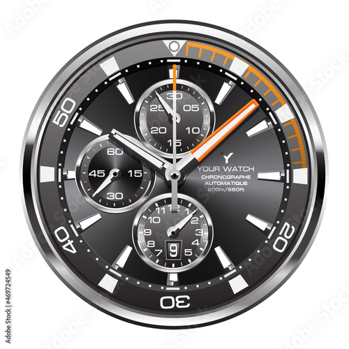 Realistic black silver orange clock watch face chronograph luxury on white background vector