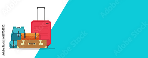Travel trip banner vector with luggage or holiday journey horizontal baggage flyer design for copy space text blank empty template flat cartoon, idea of tourism sale poster or adventure advertisement