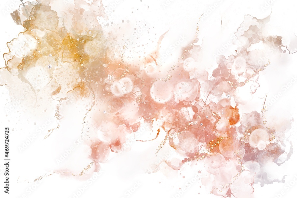アルコールインクアートの抽象背景）白背景にシャボン玉とオレンジのグラデーション　ゴールドのグリッター