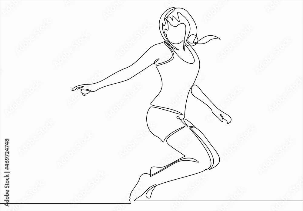 Fototapeta premium Continuous line drawing Woman jumps for happy. Vector illustration.