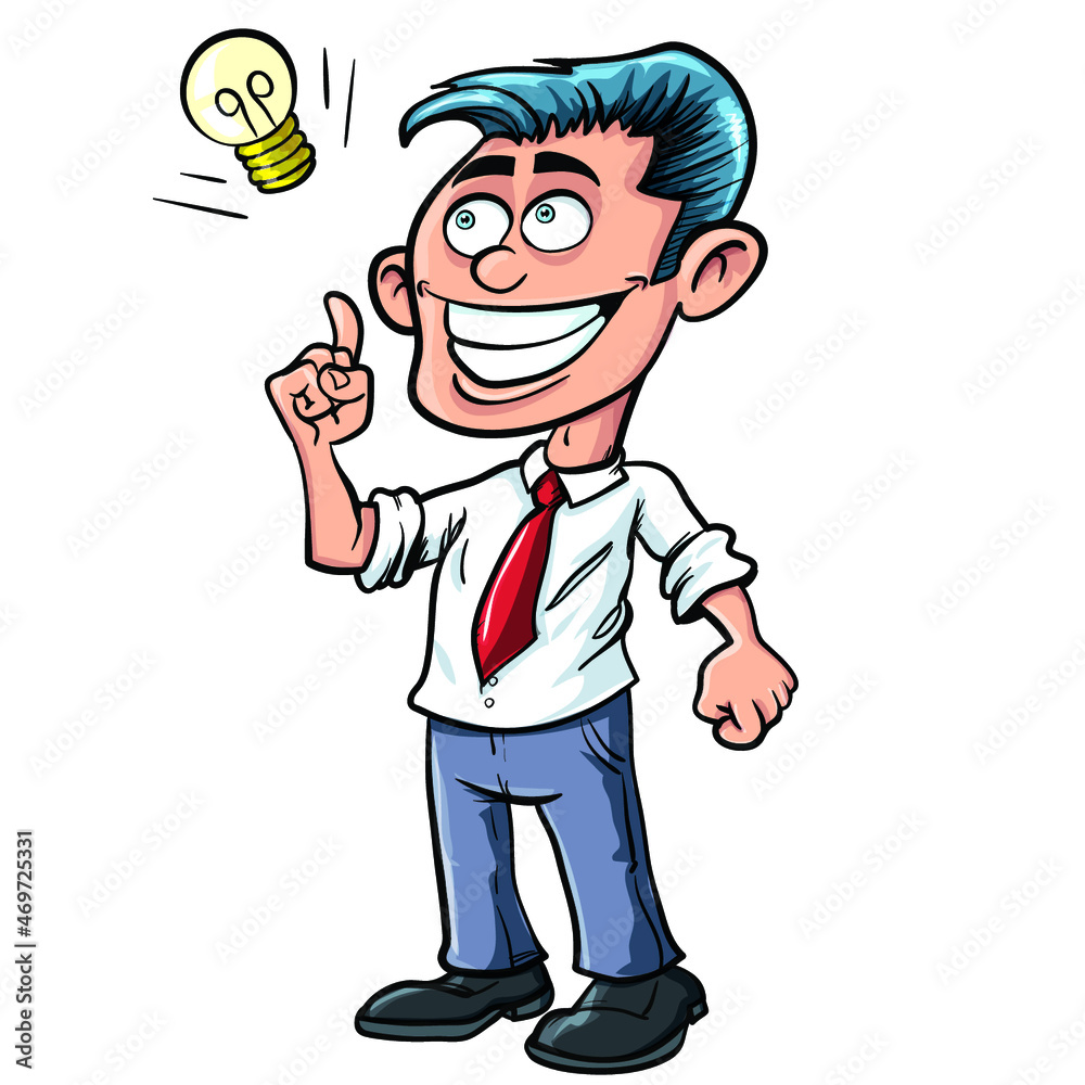 Cartoon businessman having a bright idea. He sees a lightbulb Cartoon businessman having a bright idea. He sees a lightbulb