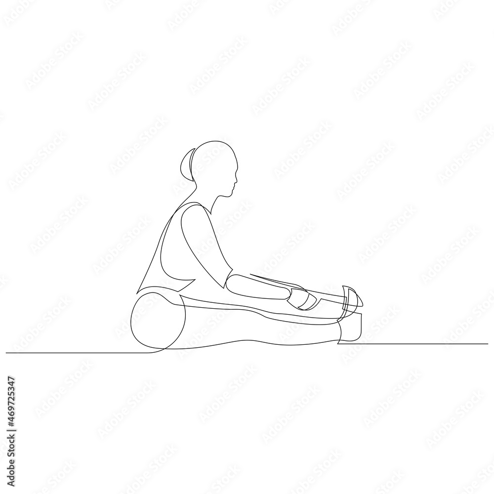 Continuous line of woman doing yoga in Seated forward pose with a strap. Stretching body concept. Paschimotanasana vector illustration