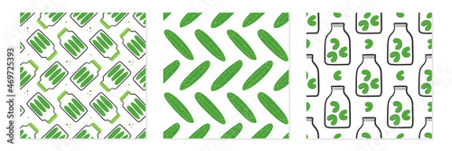 Set, collection of three vector seamless pattern backgrounds with jars of pickles and pickled green cucumbers.
