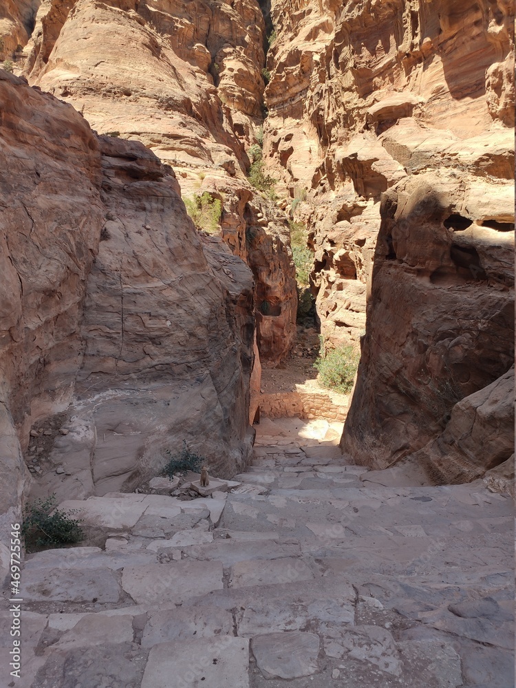 La cité nabatéenne Petra, située au sud de l'actuelle Jordanie, ancien chemin et marche sur des rochers rouges et oranges, forte chaleur et des cailloux, escalier rocheux dans l'ombre