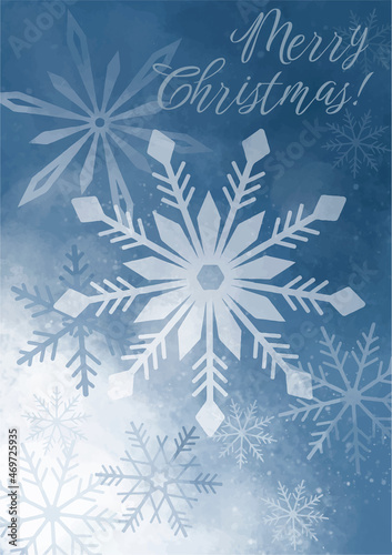 light christmas card with snowflakes, blue watercolor texture