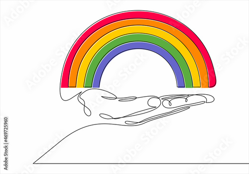 Human hands hold the line Rainbow .Vector illustration.Continuous line art or One Line Drawing