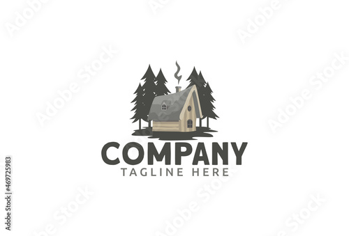 cabin logo with a vintage style wooden cabin in the forest.
