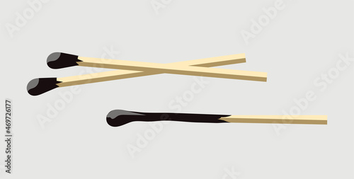 Set of burnt matches. Graphic elements for website. Pyrotenics, necessary items, used things. Charred wood. Kitchen, cooking, preparing meal, wooden stick, fire. Cartoon flat vector illustration
