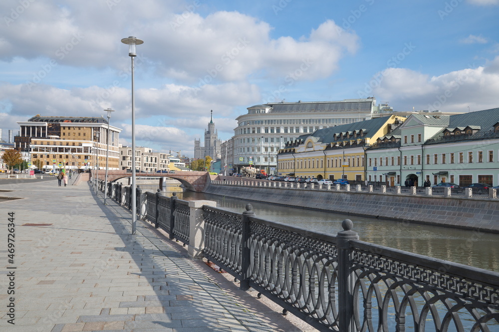 Moscow, Russia - September 29, 2021: Autumn view of the Drainage canal and Kadashevskaya embankment