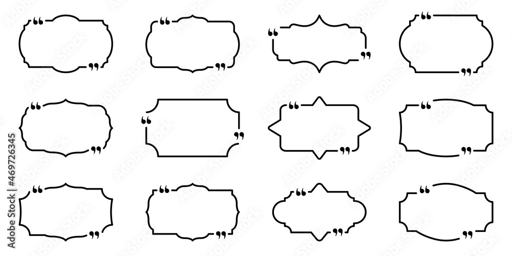 Obraz premium Set of Frame for Quotes Icon. Text Boxes for Speech, Talk, Reference, Comment. Template Bubble for Quotation Sign. Citation Square with Borders. Isolated Vector Illustration