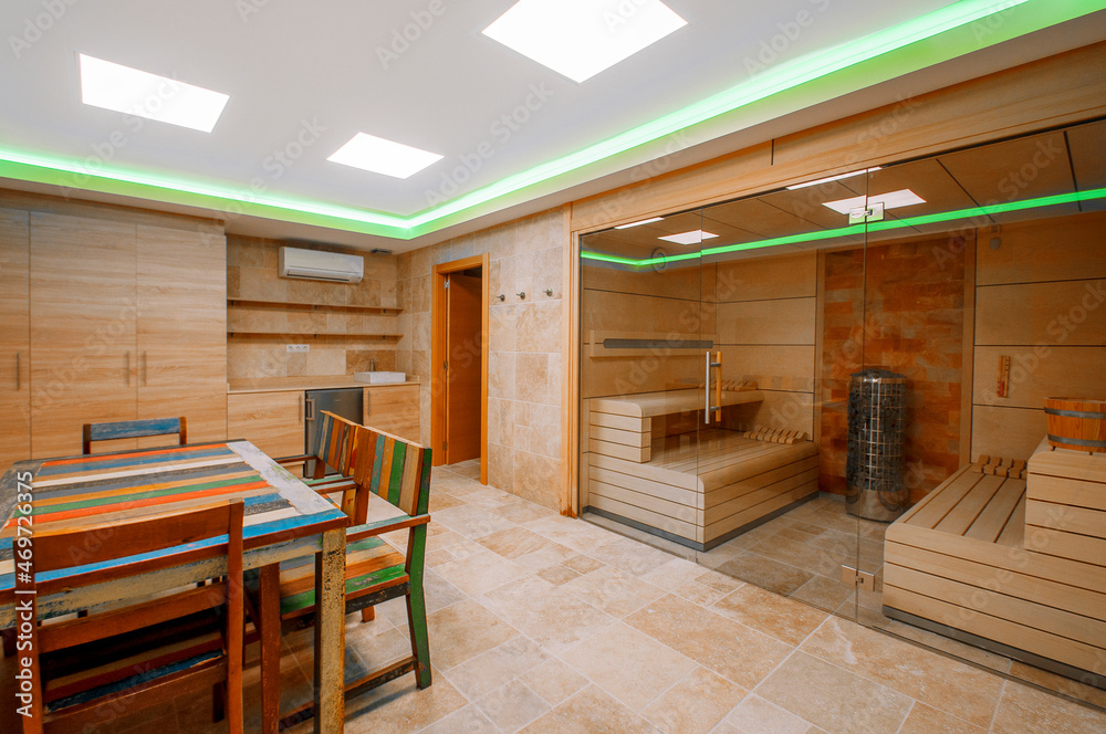 Finnish wooden sauna, Interior View of Sauna Bath. Finnish wooden sauna, Interior View of Sauna Bath.
