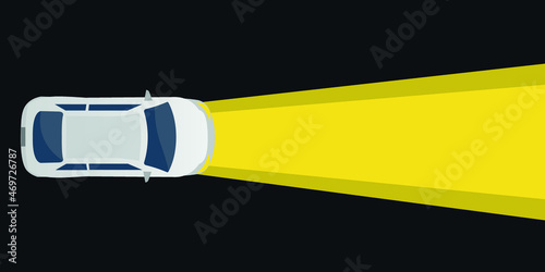 Car Illustration and xenon lamp headlight concept on black background. Rent a car, Travel accident, light assistant or insurance purchase concept