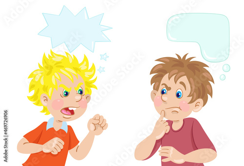 Conflict between two boys. In cartoon style with speech bubbles. Isolated on white background. Vector illustration. Children and emotions.
