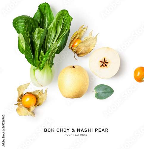 Fototapeta Naklejka Na Ścianę i Meble -  Bok choy, nashi pear fruits and physalis creative layout.