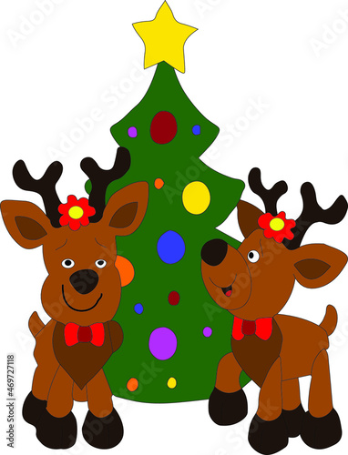 Cute reindeers standing with Christmas Tree 