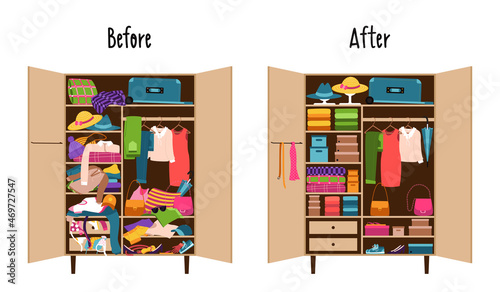 A wardrobe with clothes neatly laid out on the shelves and a wardrobe randomly littered with clothes. Mess and order in the wardrobe. before and after cleaning, sorting things. Reasonable consumption.
