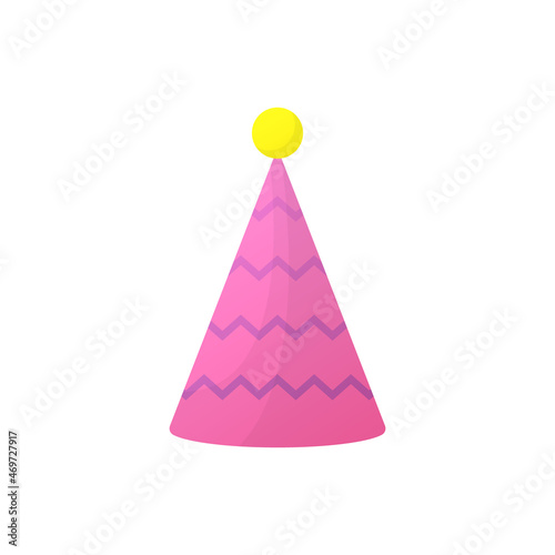 Accessory for Decoration New Year Party. Pink Birthday Party Hat on White Background. Colorful Funny Cartoon Cone Cap for Celebration Anniversary. Isolated Vector Illustration