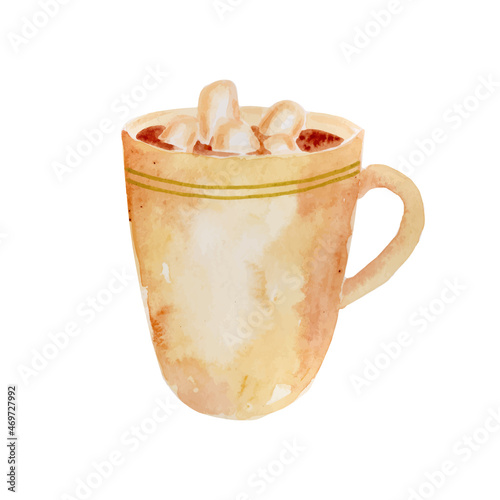 Hot chocolate with marshmallow watercolor drawing isolated on white background