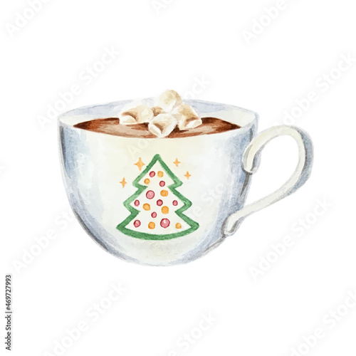 White Christmas mug with hot chocolate and marshmallow hand painted in watercolor isolated on white background