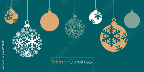 Merry Christmas card with decoratoin hanging ball Vector aquamarine banner template design