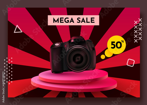 Sale social media post template with photo camera. Premium product stand. Special offer.