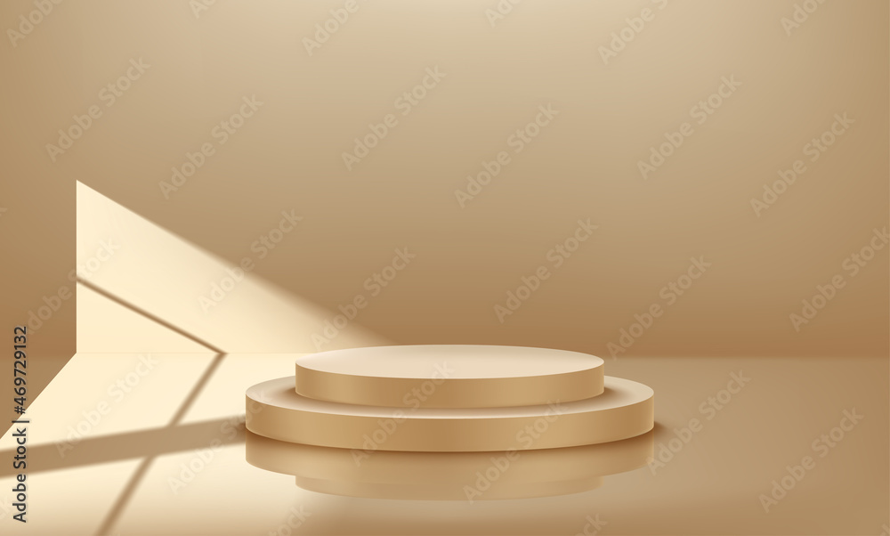 Gold luxury podium in golden interior with sun flare. Realistic 3d style vector illustration Gold luxury podium in golden interior with sun flare. Realistic 3d style vector illustration