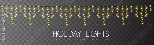 Vector garlang of gold or yellow lamps on transparent background. Holiday string of lights vector illustration