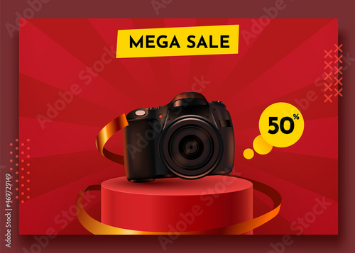 Sale social media post template with photo camera. Premium product stand. Special offer.