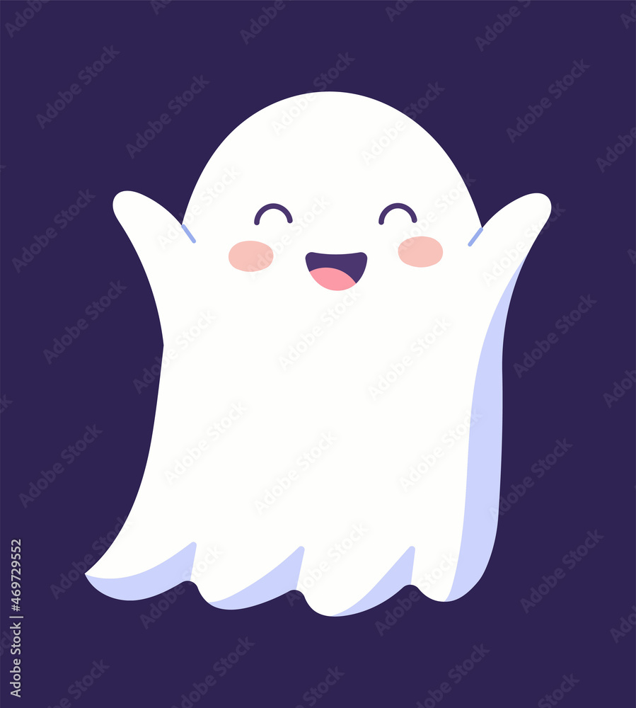 Cute joyful ghost. Cheerful spirit, happy halloween. Celebration, entertainment, play, rest, weekend. Character stands smiling with raised up arms, greeting. Cartoon flat vector illustration Cute joyful ghost. Cheerful spirit, happy halloween. Celebration, entertainment, play, rest, weekend. Character stands smiling with raised up arms, greeting. Cartoon flat vector illustration