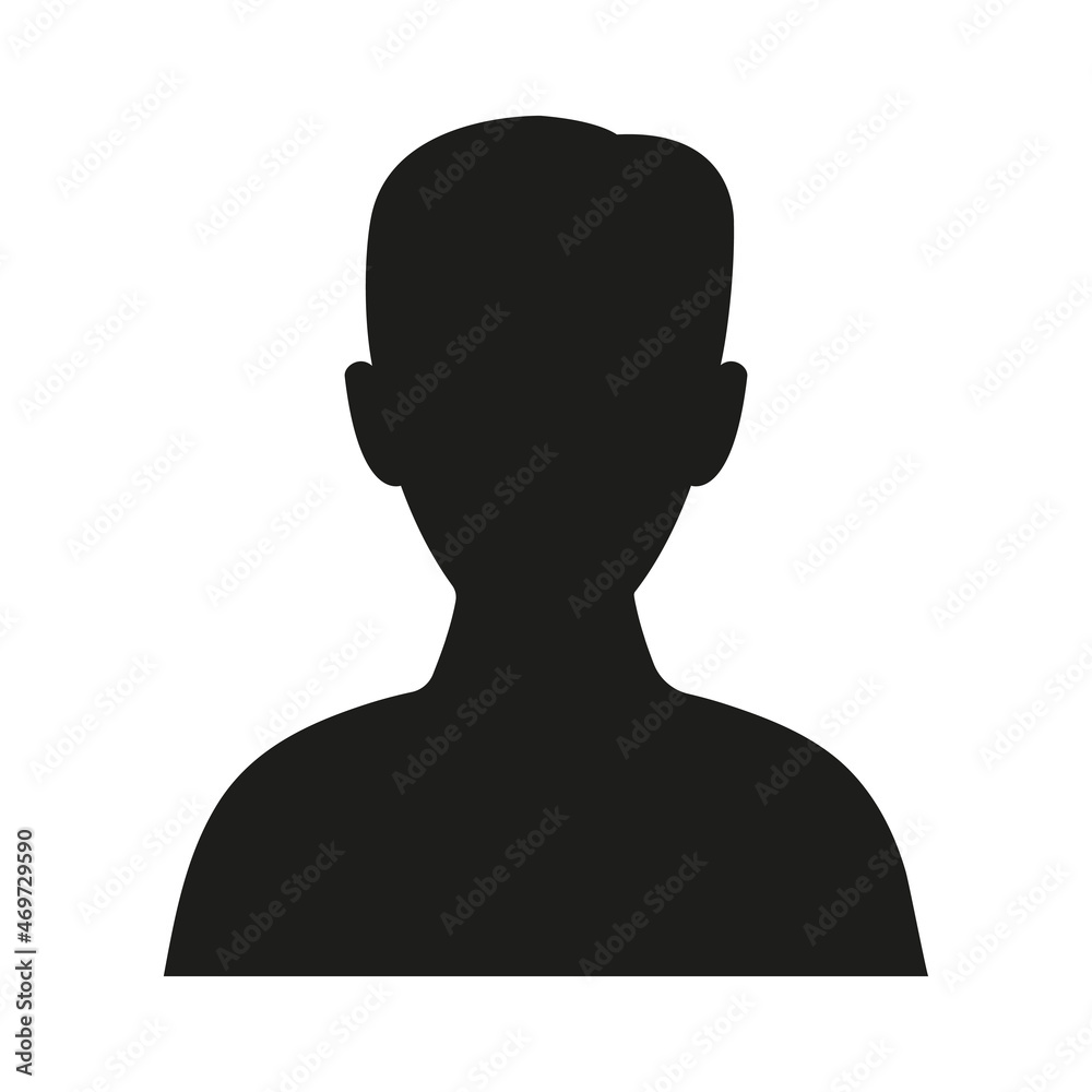 Male silhouette. Person black symbol. Man profile picture illustration. Human avatar. Vector isolated on white.
