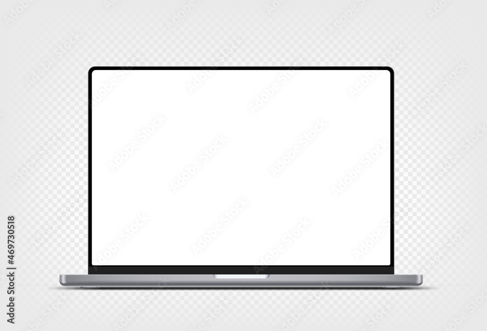 Modern thin frame laptop computer vector 3d mockup with shadow isolated on transparent background