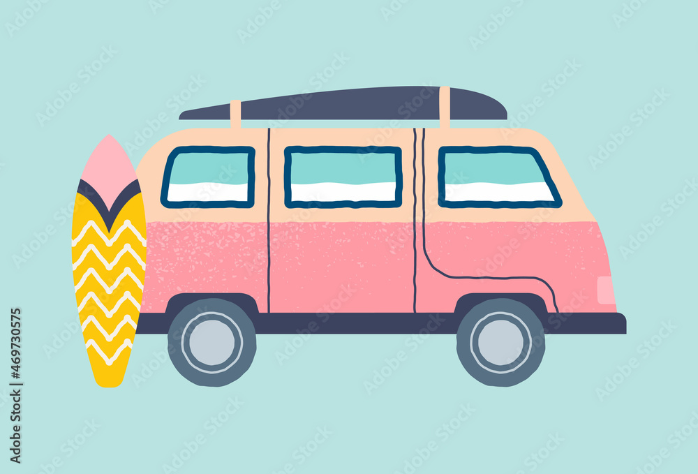 Pink van on wheels. Travel home, camper transport. Adventure, vacation, outdoor recreation. Ecology, unusual way of life. Card for website design, decoration. Cartoon flat vector illustration