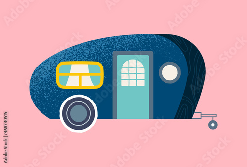 Van on wheels. Camping card, graphic element for website. Travel and tourism equipment. Adventure transport, outdoor recreation, nature, fresh air, wildlife. Cartoon flat vector illustration