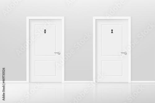 Male and female toilets doors in bright interior. Realistic 3d style vector illustration